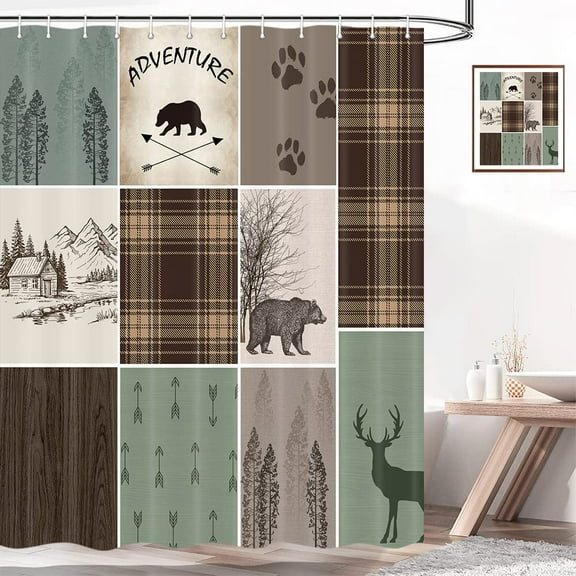 Cabin Retro Rustic Lodge Shower Curtain, Bear Deer Country Hunting Wild Animal Fabric Shower Curtains, Plaid Check Adventure Bathroom Curtain Liner with Hooks