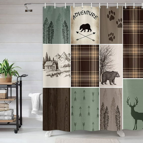 Cabin Retro Rustic Lodge Shower Curtain, Bear Deer Country Hunting Wild Animal Fabric Shower Curtains, Plaid Check Adventure Bathroom Curtain Liner with Hooks 69x70inches