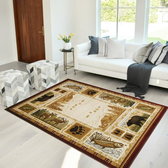 Cabin RugS - Lodge, Cabin Nature and Animals Area Rug - Modern Geometric Design Cabin Area Rug - Abstract, Multicolor Design- Deers/Fish/Bear/Cabin