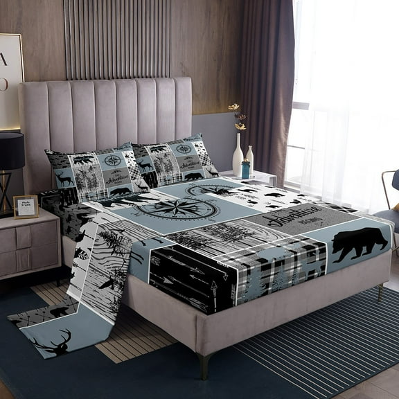 Cabin Rustic Lodge Bed Sheets Set, Bear Deer Vintage Sheets King Size, Country Farmhouse Patchwork Sheet Set Woodland Geometric Plaid Patchwork Flat Fitted Sheet With 2 Pillow Cases, Grey Black