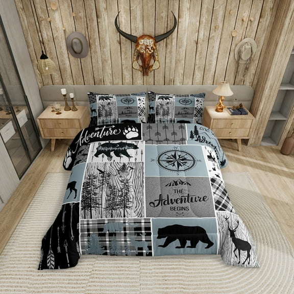 Cabin Rustic Lodge Bedding, Bear Deer Vintage Comforter Set Twin Size, Country Farmhouse Patchwork Duvet Insert Woodland Geometric Plaid Patchwork Down Comforter With 1 Pillow Case, Grey Black
