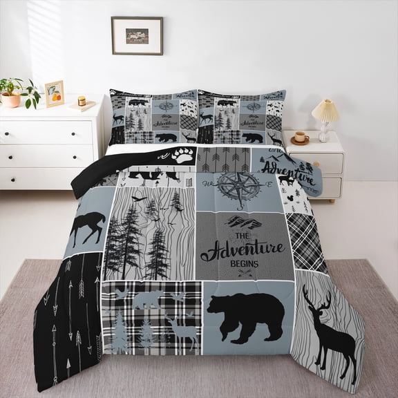 Cabin Rustic Lodge Bedding, Bear Deer Vintage Comforter Set Twin Size, Country Farmhouse Patchwork Duvet Insert Woodland Geometric Plaid Patchwork Down Comforter With 1 Pillow Case, Grey Black