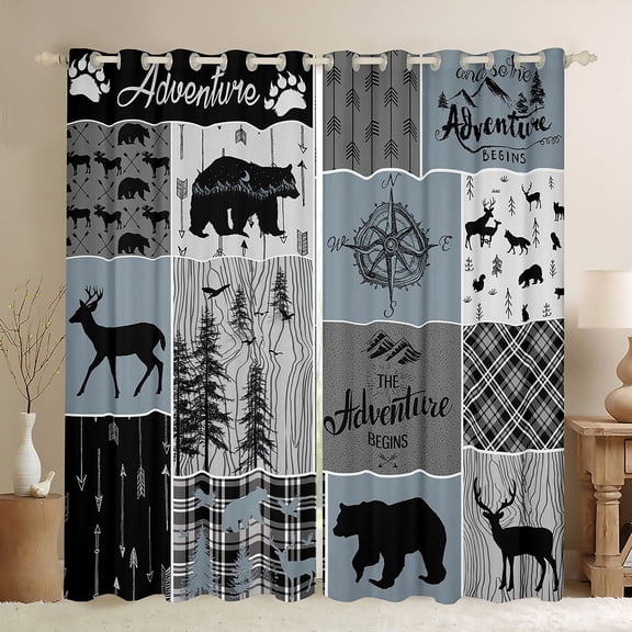 Cabin Rustic Lodge Curtains, Bear Deer Vintage Blackout Curtains Country Farmhouse Patchwork Curtains & Drapes Woodland Geometric Plaid Patchwork Window Curtains 42"Wx63"L 2 Panels, Grey Black