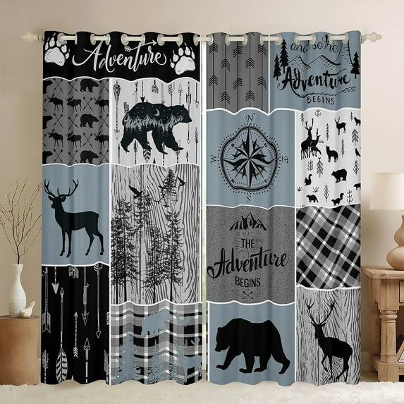 Cabin Rustic Lodge Curtains, Bear Deer Vintage Blackout Curtains Country Farmhouse Patchwork Curtains & Drapes Woodland Geometric Plaid Patchwork Window Curtains 42"Wx84"L 2 Panels, Grey Black