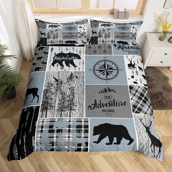 Cabin Rustic Lodge Duvet Cover, Bear Deer Vintage Bedding Set Full Size, Country Farmhouse Patchwork Comforter Cover Woodland Geometric Plaid Patchwork Quilt Cover, Grey Black (No Comforter)