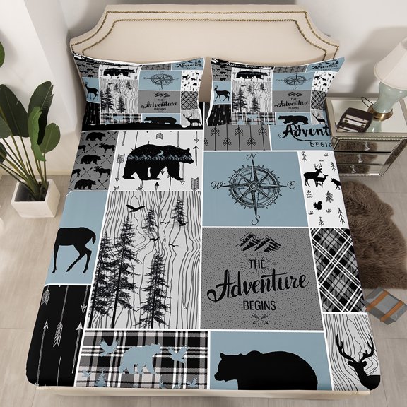 Cabin Rustic Lodge Fitted Sheet, Bear Deer Vintage Bedding Set Twin Size, Country Farmhouse Patchwork Bed Sheets Woodland Geometric Plaid Patchwork Sheets With 1 Pillow Case, Grey Black