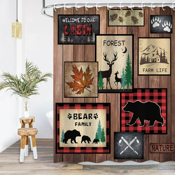 Cabin Shower Curtain, Farmhouse Shower Curtain, Rustic Bear Deer Moose Country Lodge Wildlife Woodland Bathroom Curtain with Hooks, 72W x 72H Inch Extra Long Primitive Shower Curtains