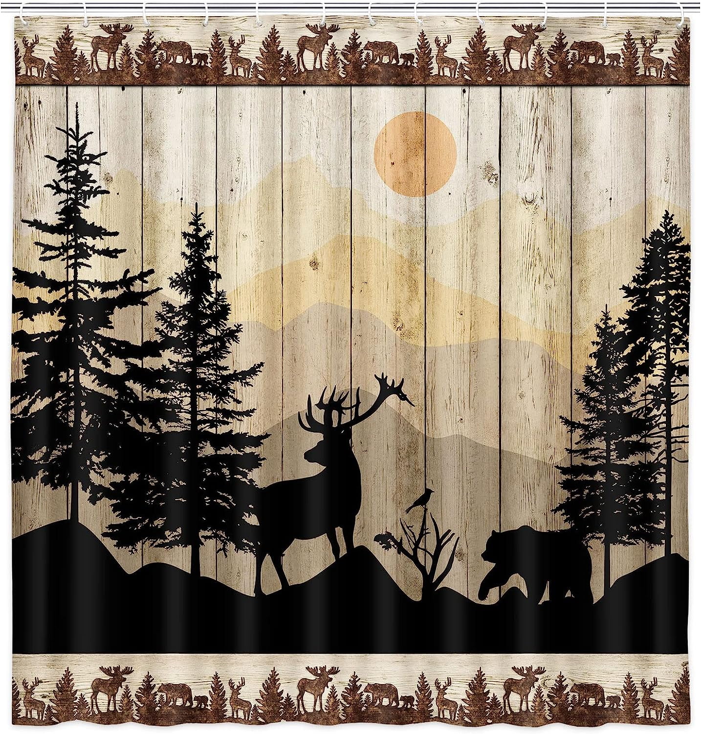 Rustic Cabin Shower Curtain Set, Bear Deer Forest Print, Farmhouse Lodge, 72X72in, Tan Brown