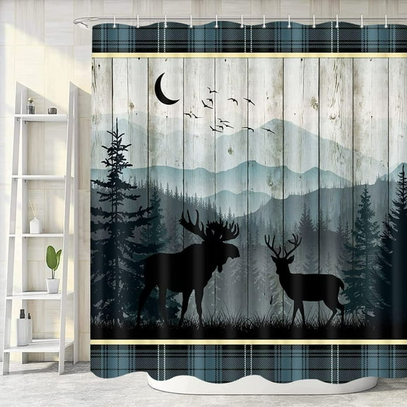 Cabin Shower Curtain, Rustic Farmhouse Style Blue Buffalo Check Shower Curtains for Bathroom, Farm Animals Moose Deer on Country Lodge Wooden Board Washroom Accessories Decor, Hooks Included 36X72In