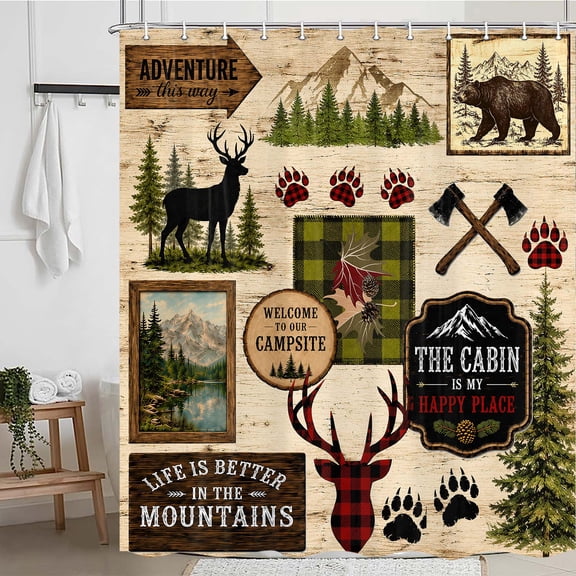 Cabin Shower Curtain Rustic Lodge Hunting Animal Bathroom Curtain 72X78inch Camping Bear Deer Country Shower Curtain Sets with Hooks Wild Animal Farmhouse Waterproof Fabric Bathtub Bath Curtain Decor