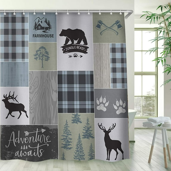Cabin Shower Curtain, Rustic Shower Curtain, Farmhouse Bear Deer Shower Curtains, Lodge Wildlife Moose Shower Curtains with 12 Hooks Country Adventure Men Bathroom Curtain Sets 72W x 72H