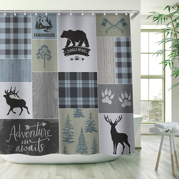 Cabin Shower Curtain, Rustic Shower Curtain, Farmhouse Bear Deer Shower Curtains, Lodge Wildlife Moose Shower Curtains with 12 Hooks Country Adventure Men Bathroom Curtain Sets 72W x 72H