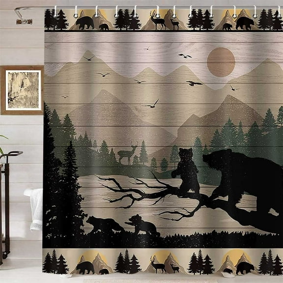 Cabin Shower Curtain, Sunset Mountain Country Pine Tree Woodland Birds Black Bear Family Deer Animals Rustic Farmhouse Bathroom Decor, Waterproof Fabric Shower Curtain, 72 X 72 Inch