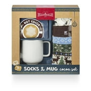 Cabin Socks & Mug GIft Set includes a ceramic mug, cozy cabin socks, hot cocoa, and snowflake marshmallows.