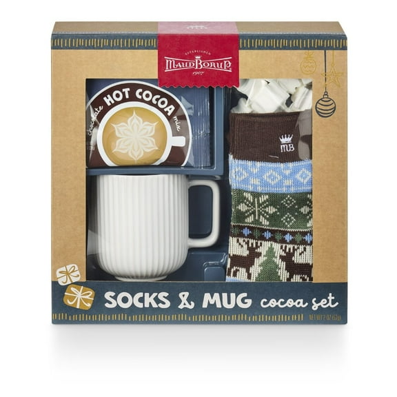 Cabin Socks & Mug GIft Set includes a ceramic mug, cozy cabin socks, hot cocoa, and snowflake marshmallows.