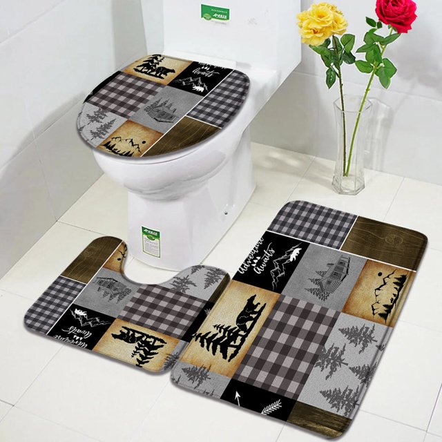 Cabin Splicing Bath Mats Set Bear Elk Farm Animal Buffalo Plaid Home