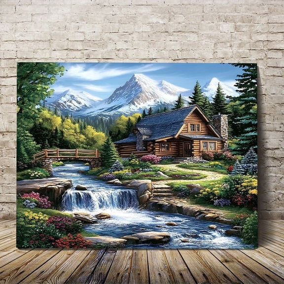 Cabin Stream Waterfall Mountain Wall Art Print, Farmhouse Decor
