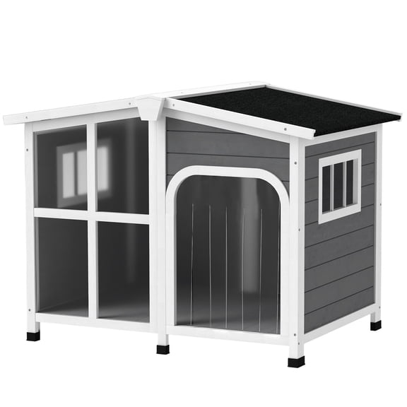 Cabin-Style Wooden Dog House for Large Dogs with Openable Roof & Giant Window, Dark Gray