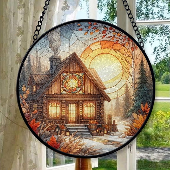 Cabin Suncatcher, Fall Window Decor, Rustic Stained Glass Suncatcher, Log Cabin Window Hanging, Autumn Sun Catcher, Cozy Home Gift, Stained Glass Ornament 2025, Holiday
