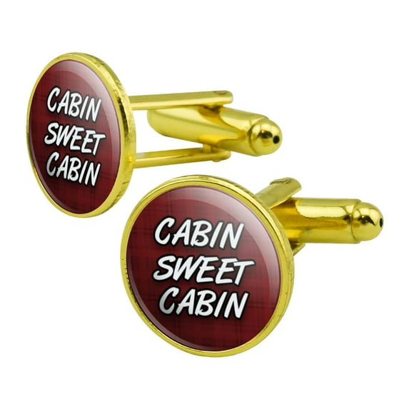 Cabin Sweet Cabin Red Plaid Round Cufflink Set Gold Color