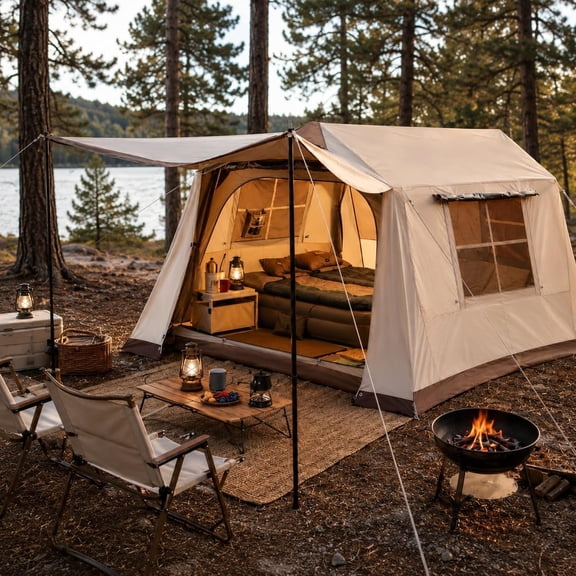 Cabin Tent, 4-8 Person Quick Setup Family Camping Tent with Rainfly and Extended Canopy, Weather Resistant Tent with Mesh Windows and Doors for Camping, Backyard and Festivals