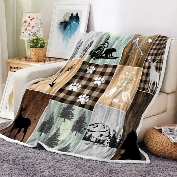 Cabin Throw Blanket, Retro Rustic Lodge Throw Flannel Blankets for Couch & Bed, Bear Deer Country Hunting Wild Animal Plaid Check Adventure Plush Cozy Fuzzy Blanket 50" x 60", Super Soft Blankets
