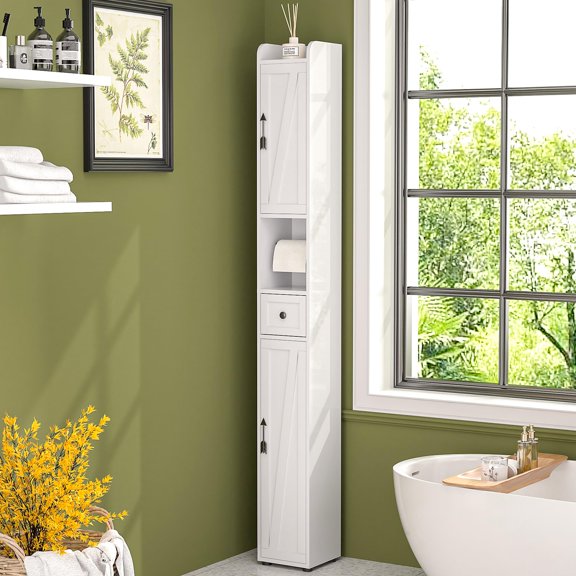 Cabin Top Tall Narrow Storage Cabinet With Adjustable Shelves Slim Freestanding Bathroom Cabinet Two Doors Drawer 7.9 Deep X 7.9 Wide X 67 High