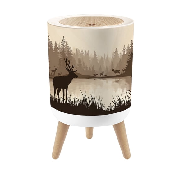 Cabin Trash Can with Lid Retro Foggy Forest Mountain Deer Trees Lake 1.8 Gallon Dog Proof Trash Can Round Garbage Can Waste Bin Wastebasket for Bathroom Bedroom Living Room