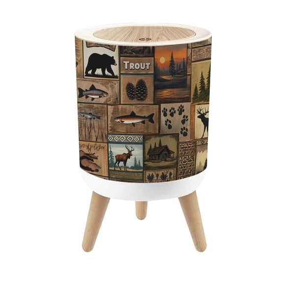 Cabin Trash Can with Lid Wildlife Bear Deer Fish Duck Wooden Farmhouse 1.8 Gallon Dog Proof Trash Can Round Garbage Can Waste Bin Wastebasket for Bathroom Bedroom Living Room