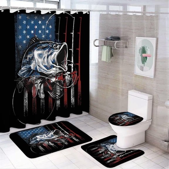 Cabin Vintage Fishing Shower Curtain Sets 4 Piece,Retro Rustic Ocean Hunting Theme Fishing Man American Flag Bathroom Decor Sets with Rugs Include Waterproof Non-Slip Toilet Lid Cover Bath Mat