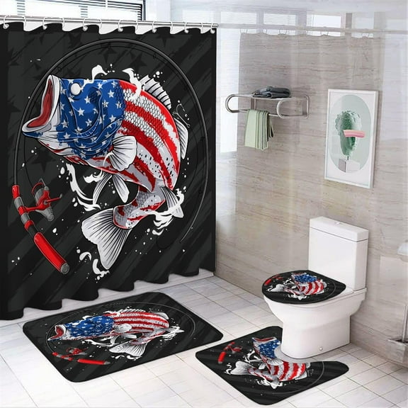 Cabin Vintage Fishing Shower Curtain Sets 4 Piece,Retro Rustic Ocean Hunting Theme Fishing Man American Flag Bathroom Decor Sets with Rugs Include Waterproof Non-Slip Toilet Lid Cover Bath Mat