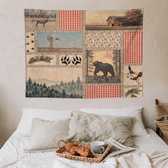 Cabin Vintage Rustic Bear Wall Tapestry Farmhouse Moose Countryside Wildlife Lodge Forest Animals Deer Wall Tapestries Hanging for Bedroom Living Room Dorm Party Decor 30x40in