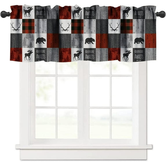 Cabin Vintage Rustic Curtains Valance,Bear Deer Rustic Hunting Wildlife Plaid Print,Bedroom Living Room Bathroom Cafe Decoration 54x18in