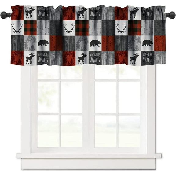 Cabin Vintage Rustic Curtains Valance,Bear Deer Rustic Hunting Wildlife Plaid Print,Bedroom Living Room Bathroom Cafe Decoration 54x18in