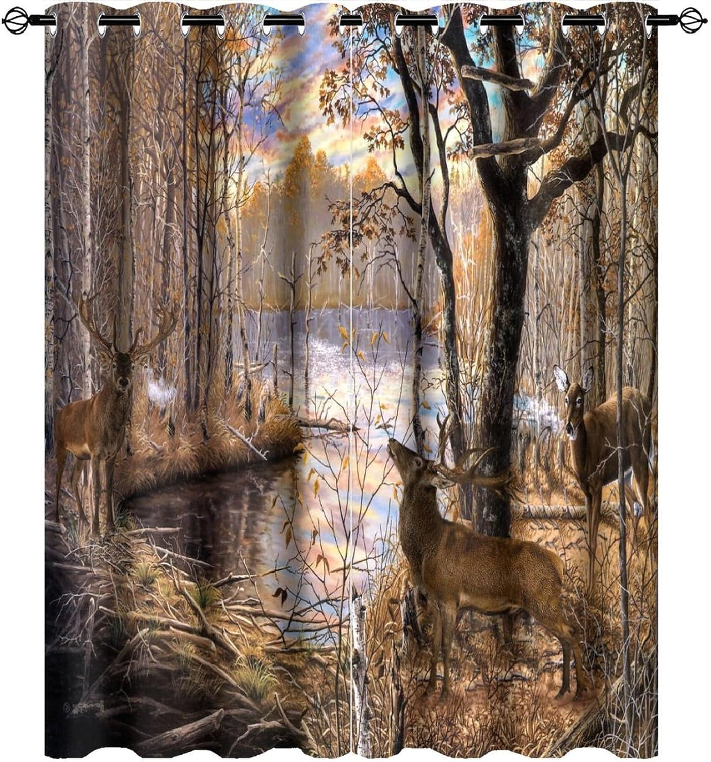 Cabin Whitetail Deer Curtains,Rustic Fall Forest Lake Nature Landscape