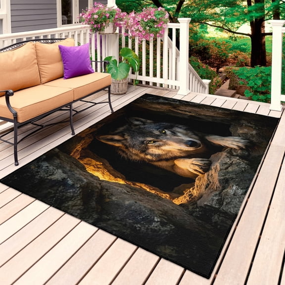 Cabin Wolf Outdoor Rug for Patio/Deck/Porch, Non-Slip Large Area Rug 3 x 5 Ft, Farmhouse Animals Black Indoor Outdoor Rugs Washable Area Rugs, Reversible Camping Rug Carpet Runner
