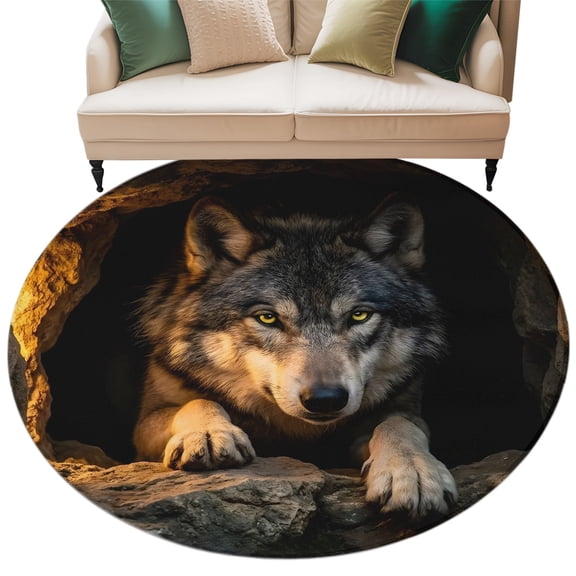 Cabin Wolf Round Rug 8ft Washable Circle Rugs Non Slip Farmhouse Animals Black Large Area Rug Indoor Floor Carpet for Bedroom Kitchen Living Room Home Office Dining Room Nursery