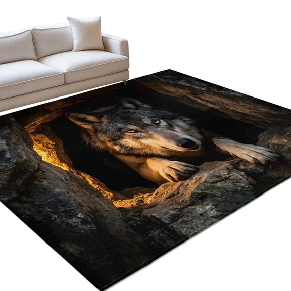 Cabin Wolf Washable Rug 9x12 Area Rug for Living Room Bedroom Non Slip Indoor Floor Rectangle Carpet Soft Low Pile Large Farmhouse Animals Black Entryway Rugs for Dining Room Office Home