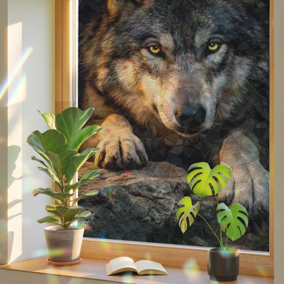 Cabin Wolf Window Privacy Film Rainbow Static Cling Stain Glass Window Film for Glass Door, Decorative Heat Control UV Blocking Sunroof Decal Sticker for Car Home 17.7"x78.7" Farmhouse Black