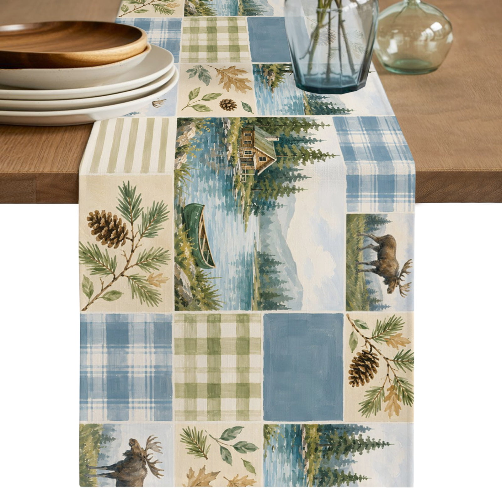 Kitchen Table Toppers Cabin Woodland Table Runner, Rustic Pine Trees Plaid Botanical Washable ...