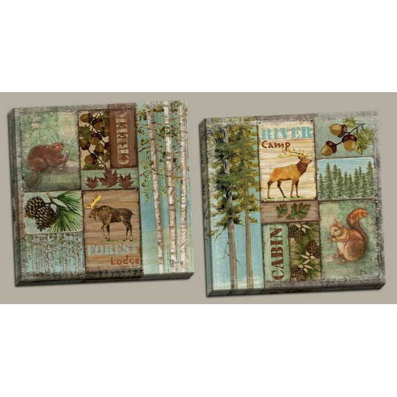 Cabin and Lodge Collage Style Beaver Squirrel Moose Acorn and Pine Cone Prints; Two 16x16in Hand-Stretched Canvases