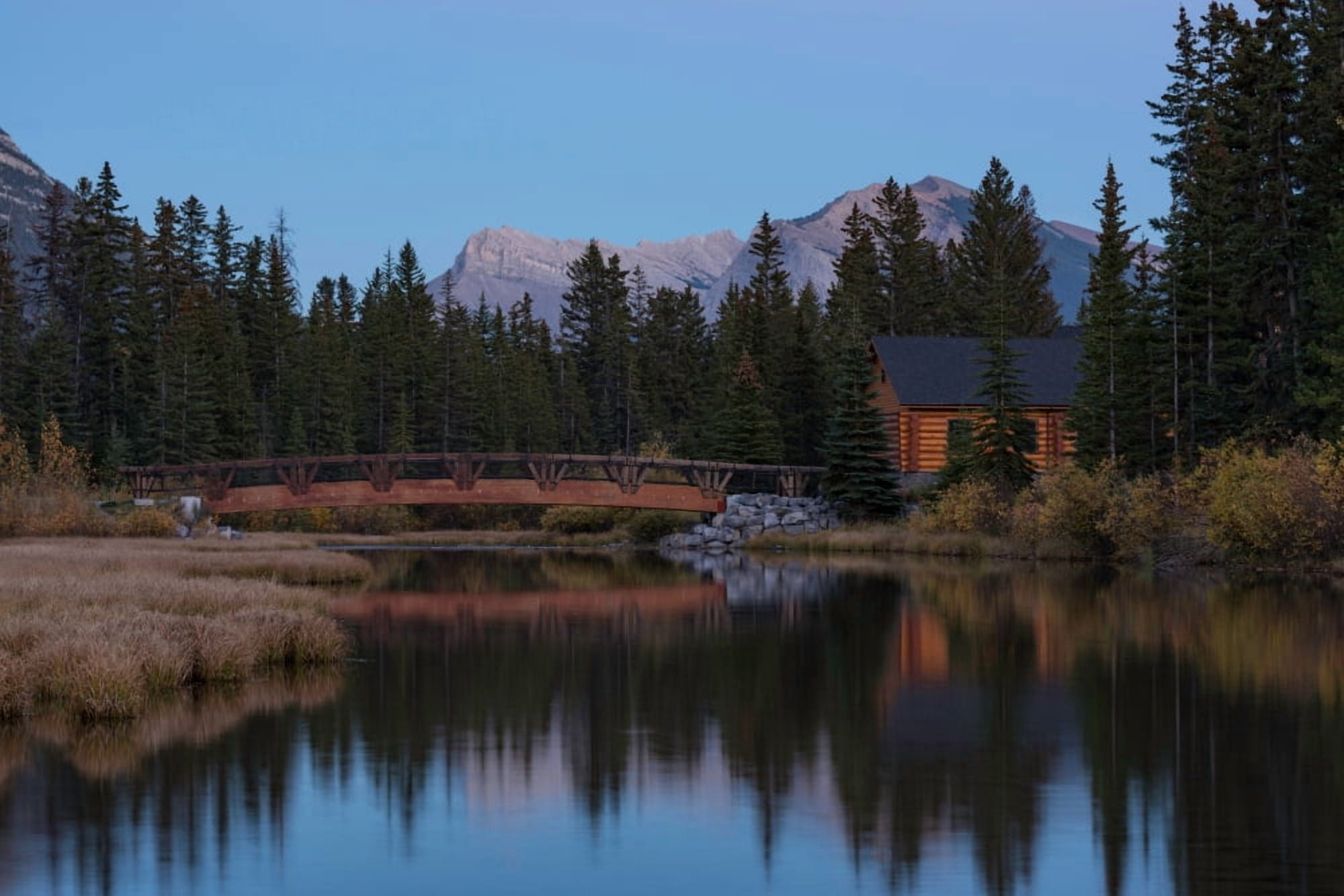 Cabin and bridge on Policemans Creek Pigeon Mountain Mt McGillivray Canmore Alberta Canada Canvas Art - Panoramic Images (18 x 24)