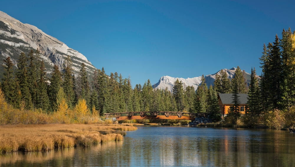 Cabin and bridge on Policemans Creek Pigeon Mountain Mt McGillivray Grotto Mountain Canmore Alberta Canada Canvas Art - Panoramic Images (14 x 24)
