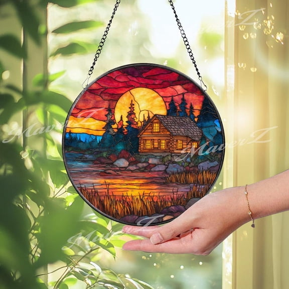 Cabin at Sunset Glass Suncatcher, Round Lakeside Log Home, Rustic Forest, 6.3 in