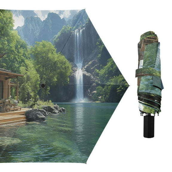 Cabin by Lake Compact Sun Umbrella Windproof Travel Umbrellas for Rain Strong Portable UV Protection