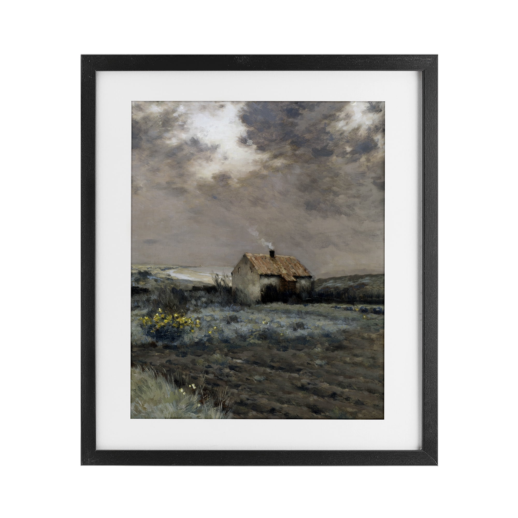 Cabin in Overcast Field Black Framed Print Under Glass, design by Lettered and Lined