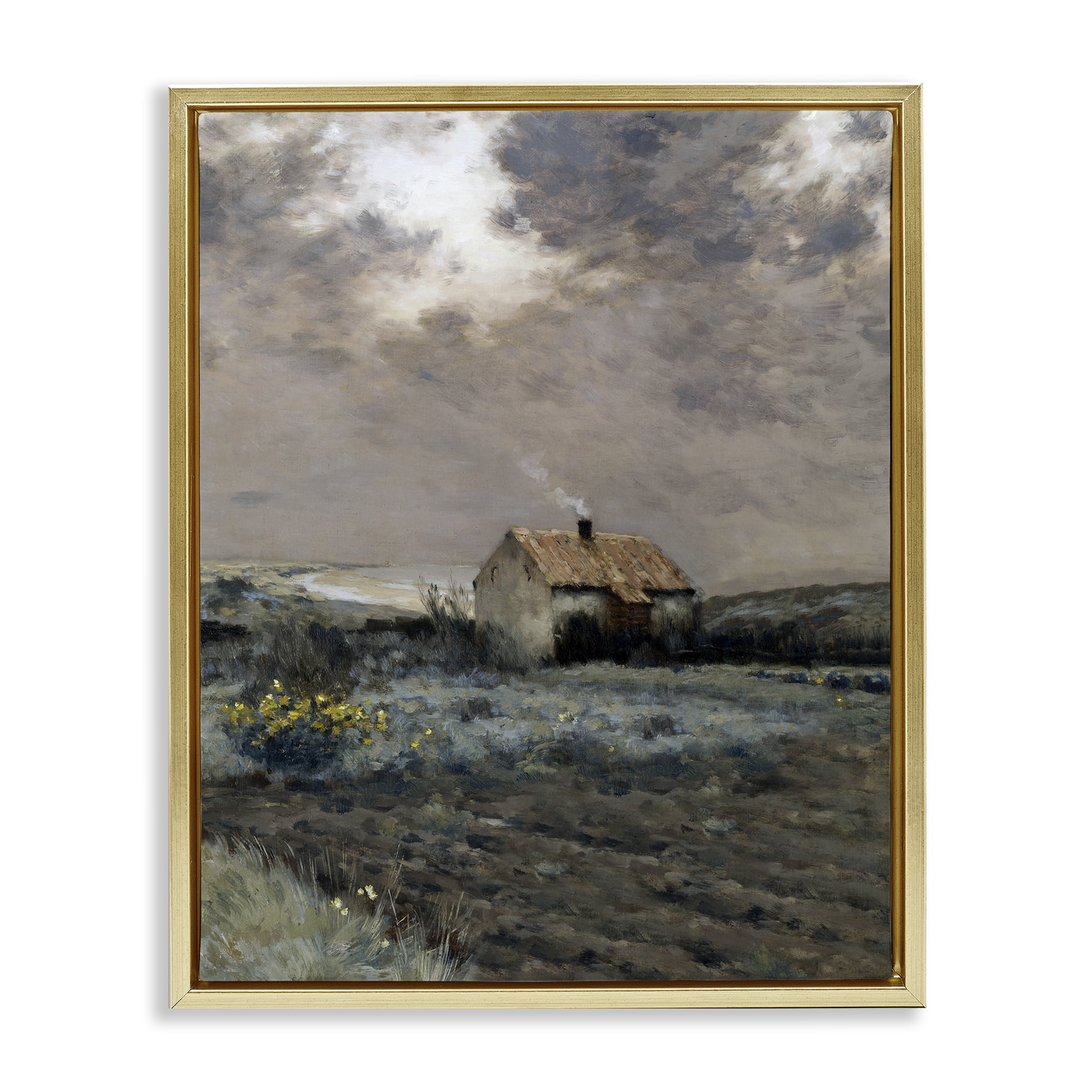 Cabin in Overcast Field Gold Framed Floater Canvas Wall Art, design by Lettered and Lined