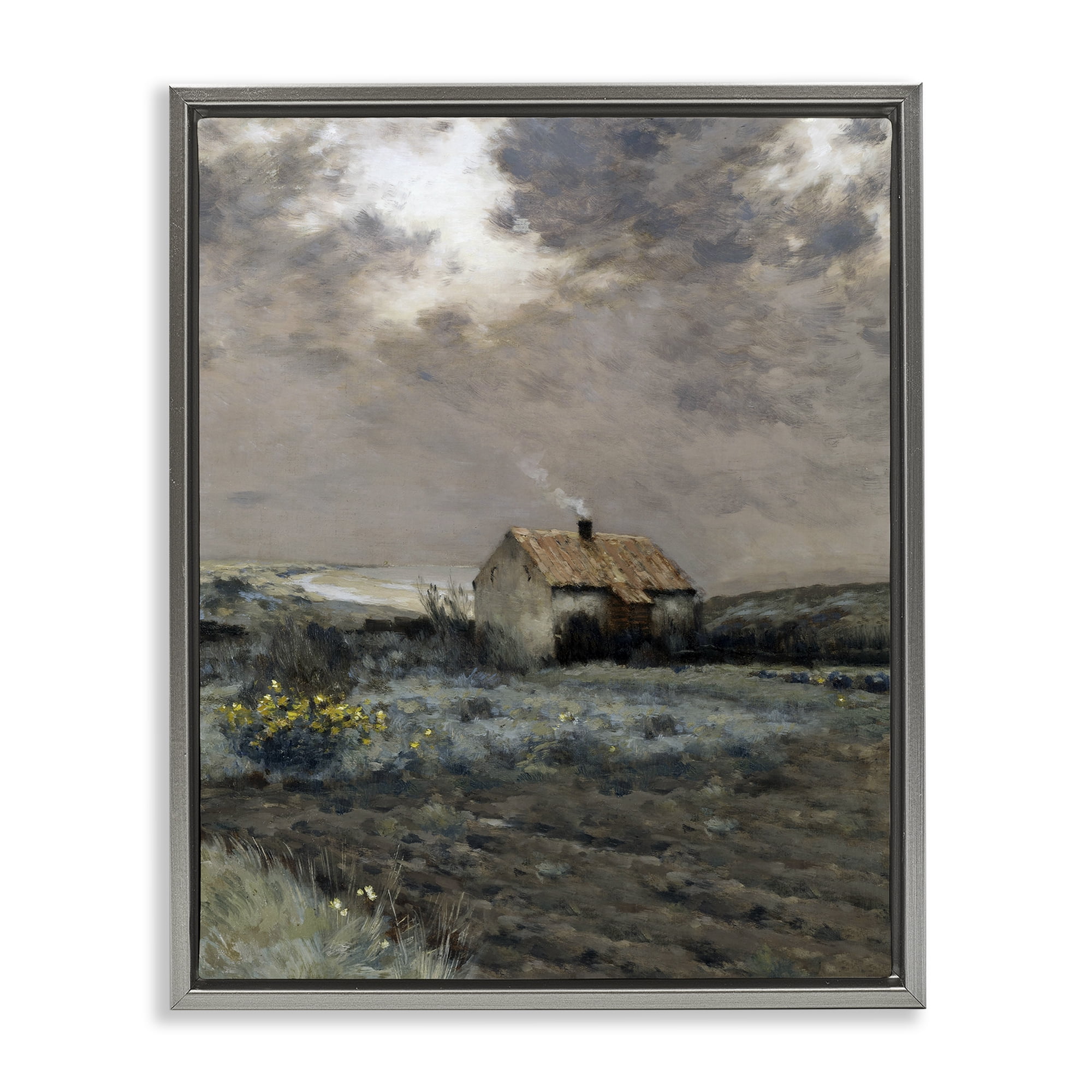 Cabin in Overcast Field Gray Framed Floater Canvas Wall Art, design by Lettered and Lined