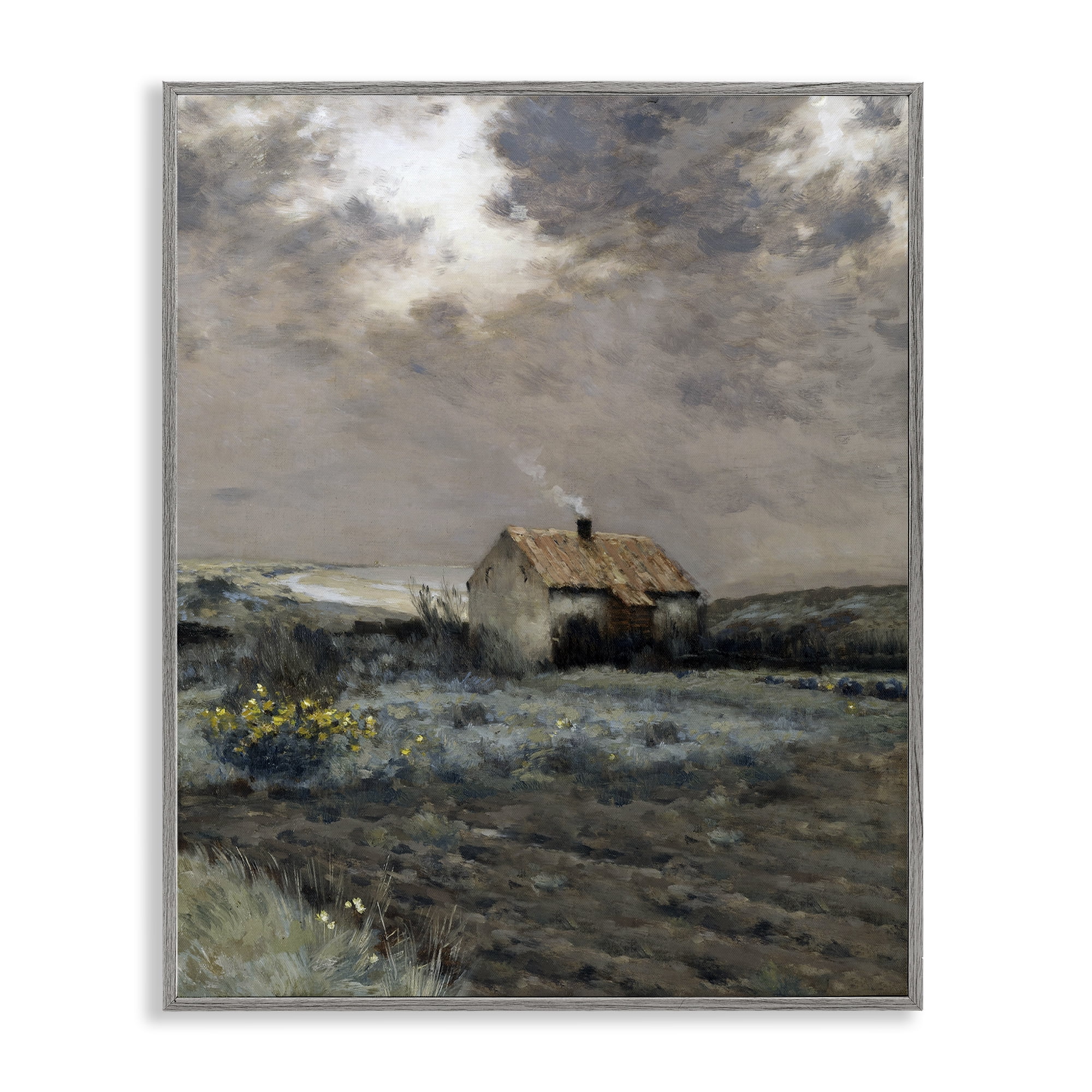 Cabin in Overcast Field Gray Framed Giclee Art, design by Lettered and Lined