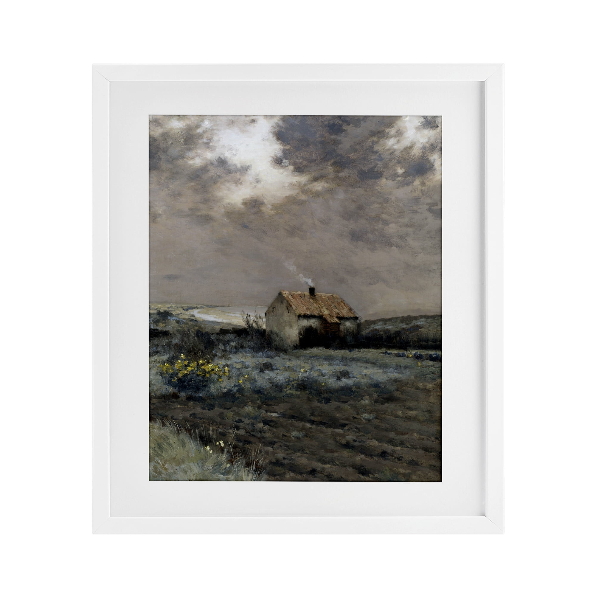 Cabin in Overcast Field White Framed Print Under Glass, design by Lettered and Lined